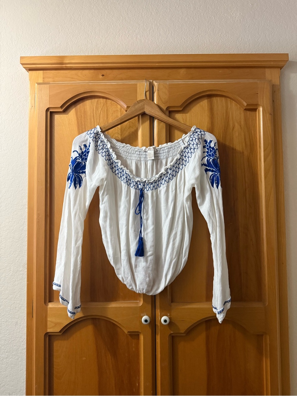 Forever 21 White Peasant Top with Blue Embroidery